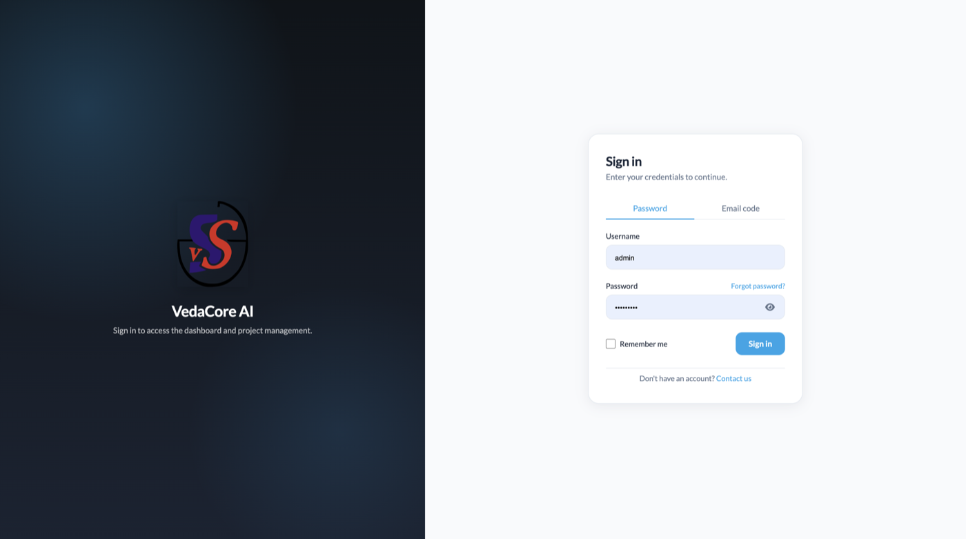 VedaCore ERP secure login page with username password and OTP authentication
