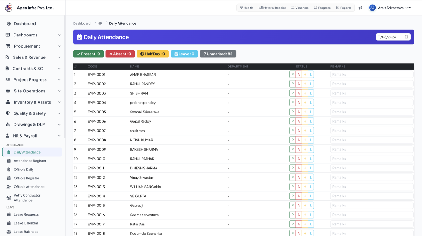 VedaCore ERP daily attendance tracking with employee list and status management